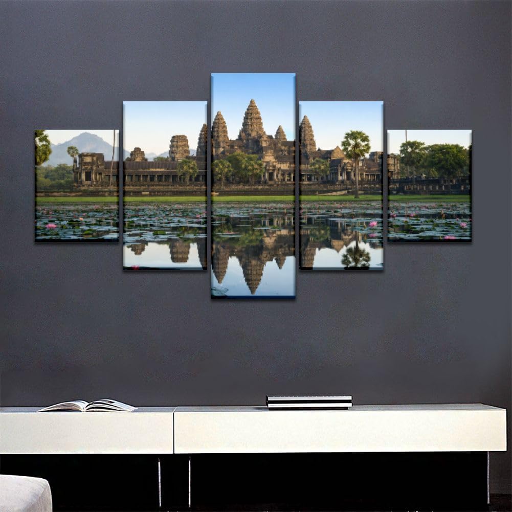 angkor wat before sunset, cambodia temple on the waters and Wall Art Canvas Prints Pictures Paintings Artwork Home Decor Stretched and Framed - 5 Pieces