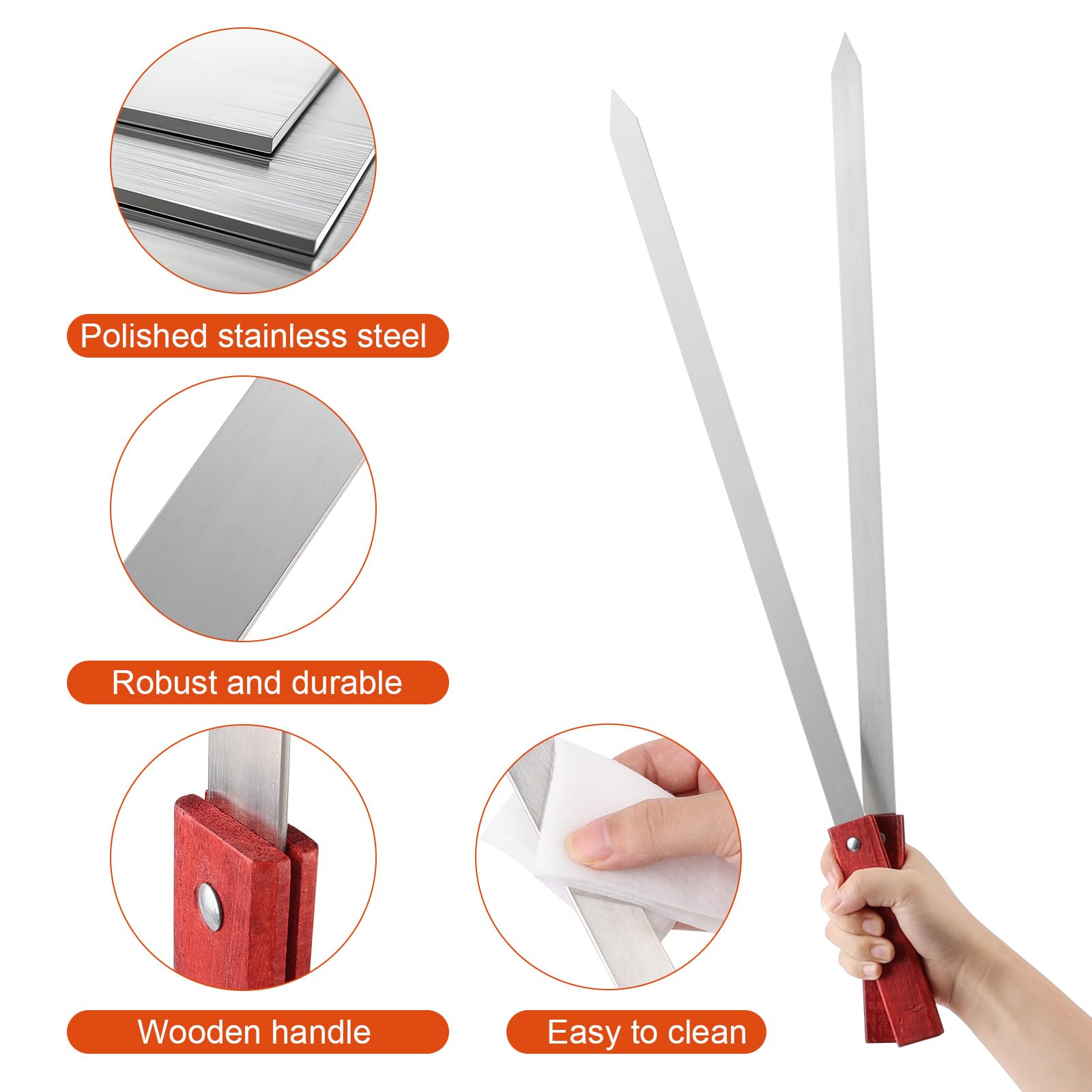 Grillspiezen Roestvrij Staal, 6 Stuks Platte Grillspiezen van Roestvrij Staal, 60cm Extra Lange Shaslickspiezen, Adana Spiezen, met Houten Handgreep, Herbruikbare Spiezen,Vleesspiezen Grillaccessoires