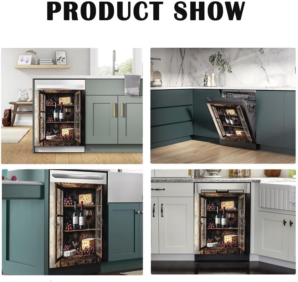 Wine Bottles Dishwasher Magnet Cover Grape and Wine Front Dishwasher Cover Magnetic Vintage Home Cabinet Decals Retro Appliances Stickers Refrigerator Decorative