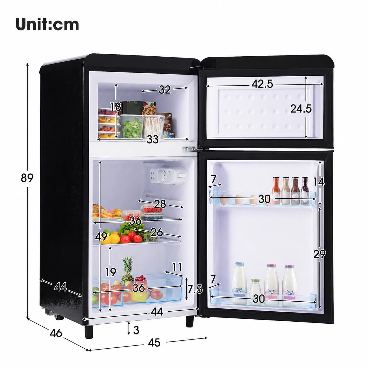 Réfrigérateur Congélateur Combiné Rétro 72L, Mini Frigo 2 Portes Compact avec Congélateur 21L, Petit Réfrigérateur Économe Classe E,Noir