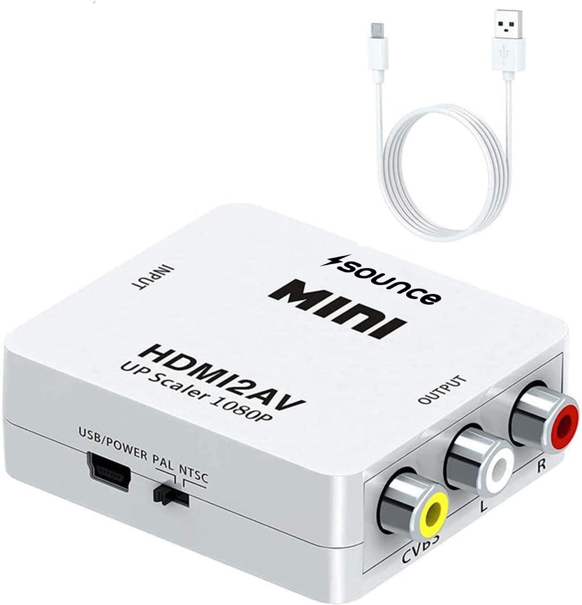 Sounce HDMI to RCA, AV, 1080P HDMI to 3RCA CVBS AV Composite Video Audio Converter Adapter Supports PAL/NTSC with USB Charge Cable for PC Laptop HDTV DVD - White