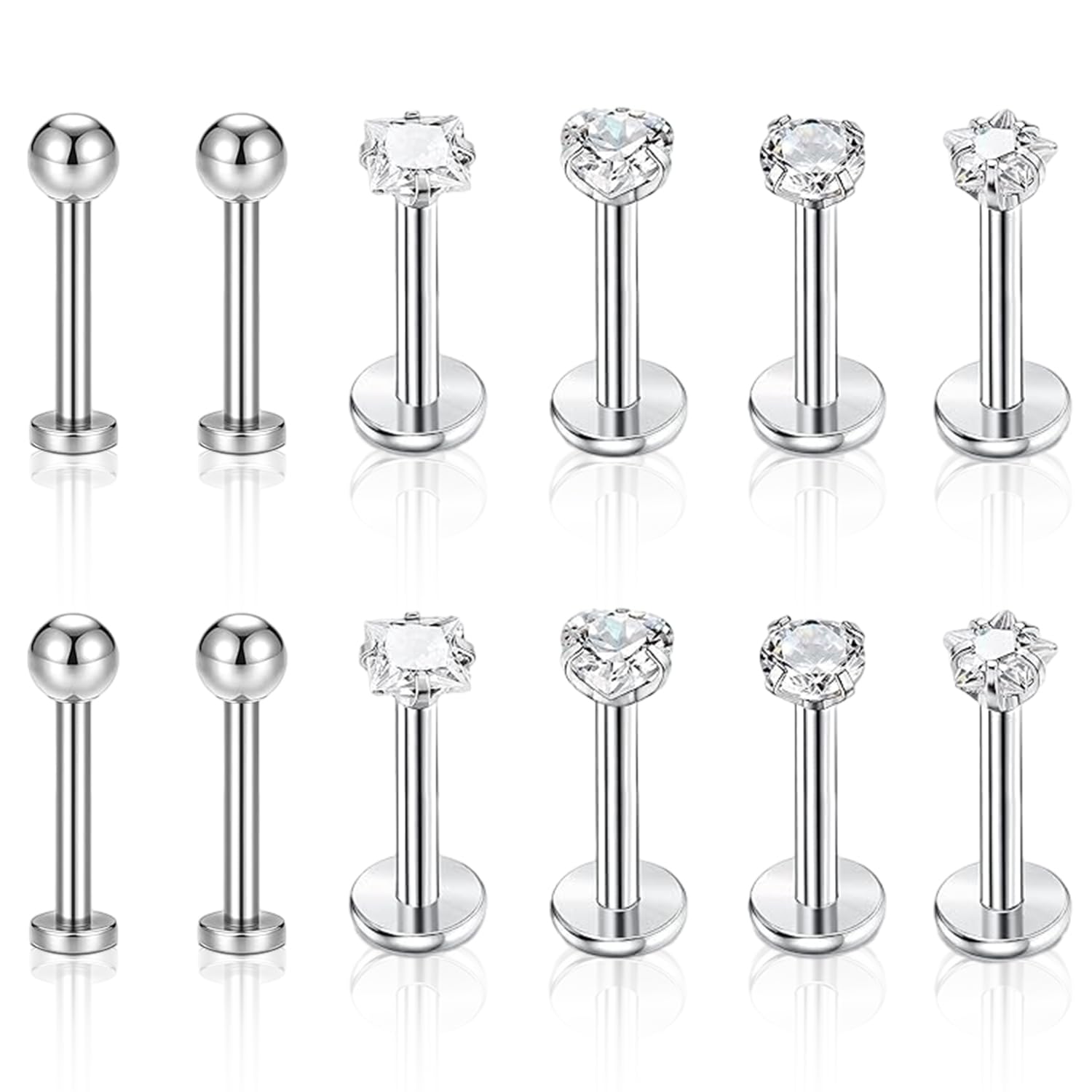 LEIMEND 12 Piezas Tragus Piercing 8MM Acero Inoxidable Piercing Labio con Caja de Plástico Transparente Labret Piercing Circón Esférico Helix Monroe Piercing Plata Tragus Barras para Hombres Mujeres