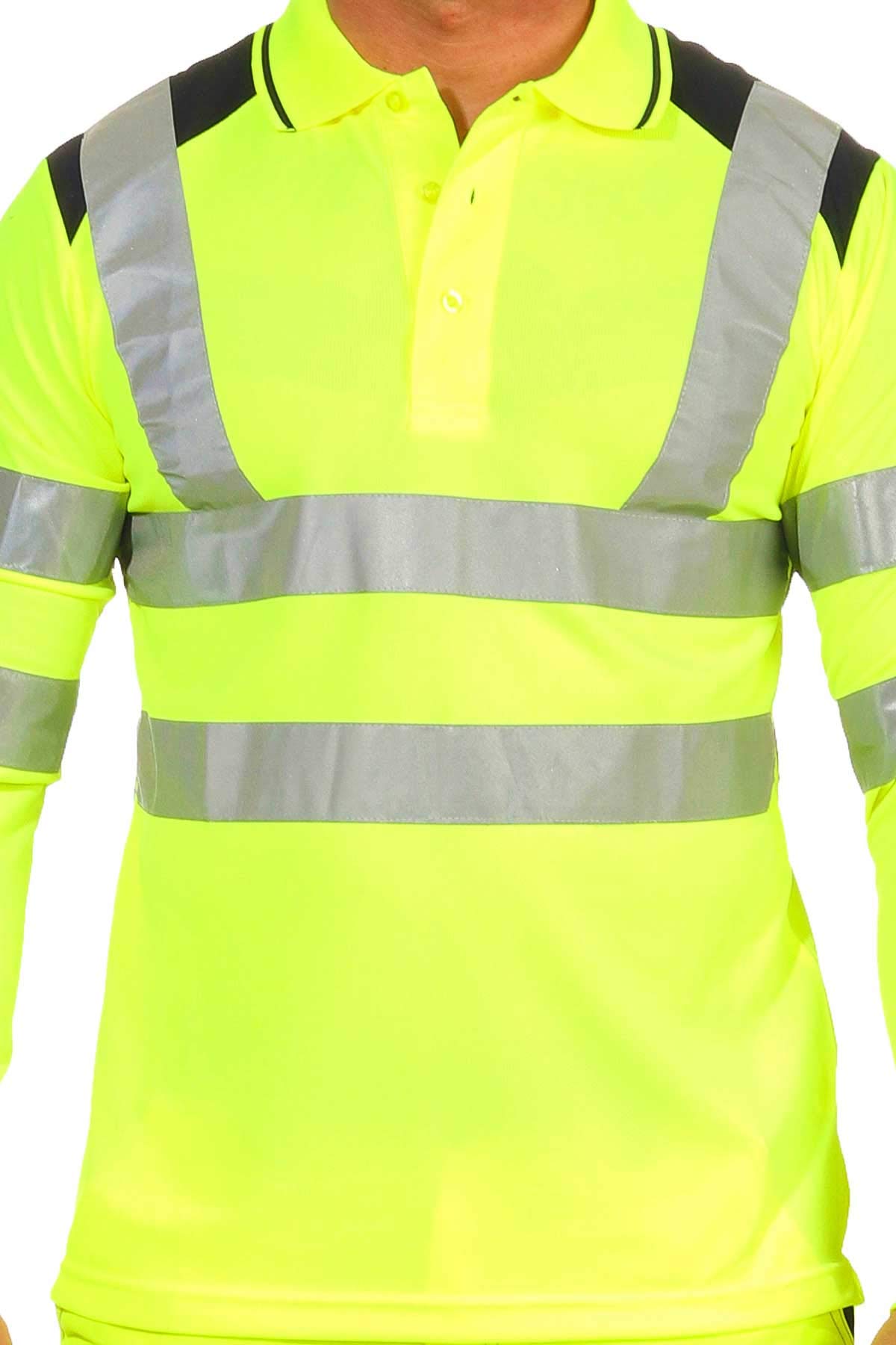 Herren Warnschutz Langarmshirt Poloshirt, Hohe Sichtbarkeit Reflexstreifen EN ISO 20471 Klasse 2