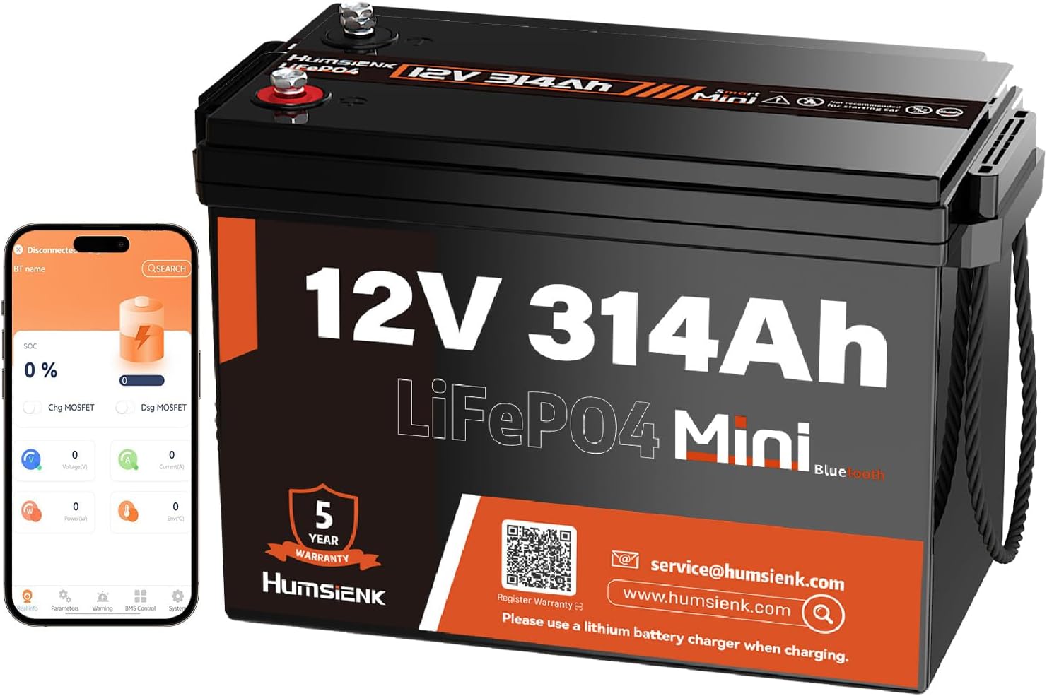 Bluetooth 12V 314Ah LiFePO4 Lithium Battery MINI, Max. 4190Wh Energy, EV A+ Cells, Built-in 100A BMS, 15000 Deep Cycles Battery