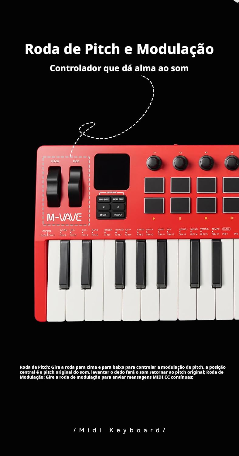 Close-up of the Pitch and Modulation wheels on the M-VAVE SMK-37 PRO
