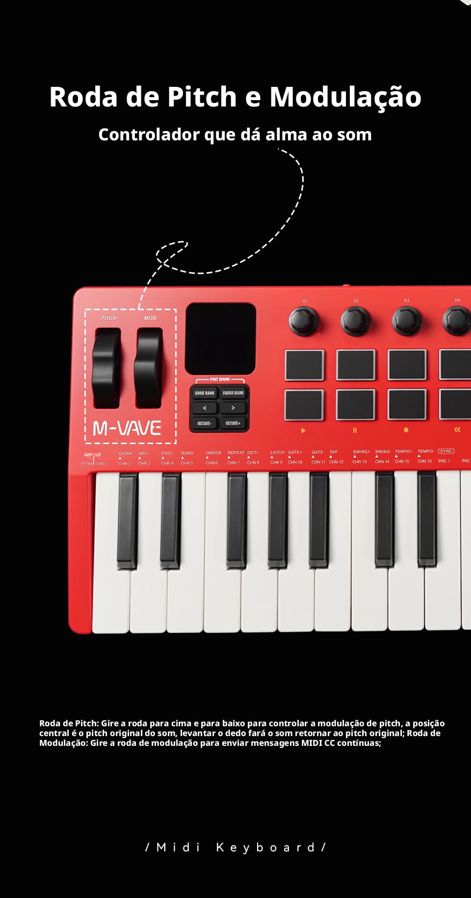 M-VAVE SMK-37 PRO Controlador MIDI Teclado 37 Teclas Sensíveis, 16