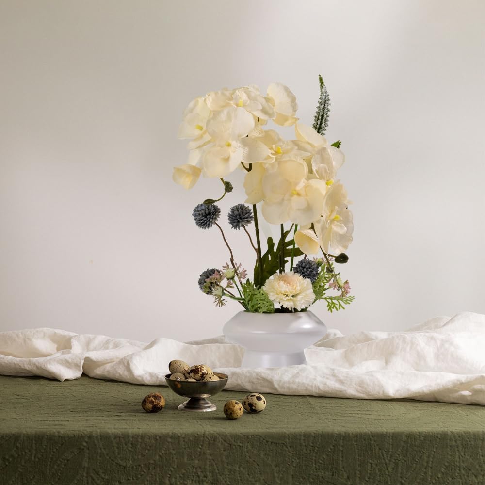 LESING Fake Orchids Flowers Arrangement in Pot,Faux Silk Orchid Artificial Flower Plant with Ceramic Vase for Table Home Decor (White Vase,White)
