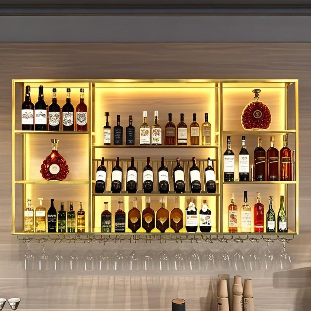 Étagère à vin murale moderne LED grand support suspendu métal porte-gobelets or
