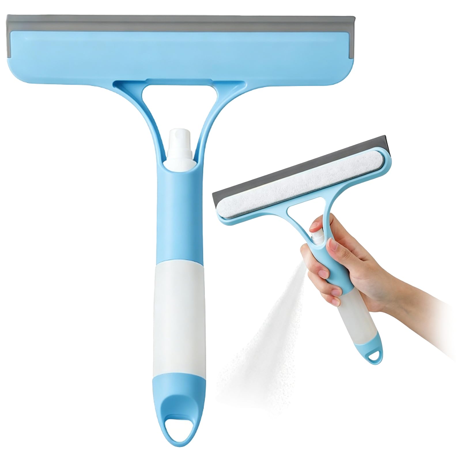 3 in 1 Window Cleaning Scraper with Spray Bottle, 8.5In Handheld Window Cleaner Squeegee, Glass Cleaning Scraper Shower Cleaning Tool Use in Home Blue
