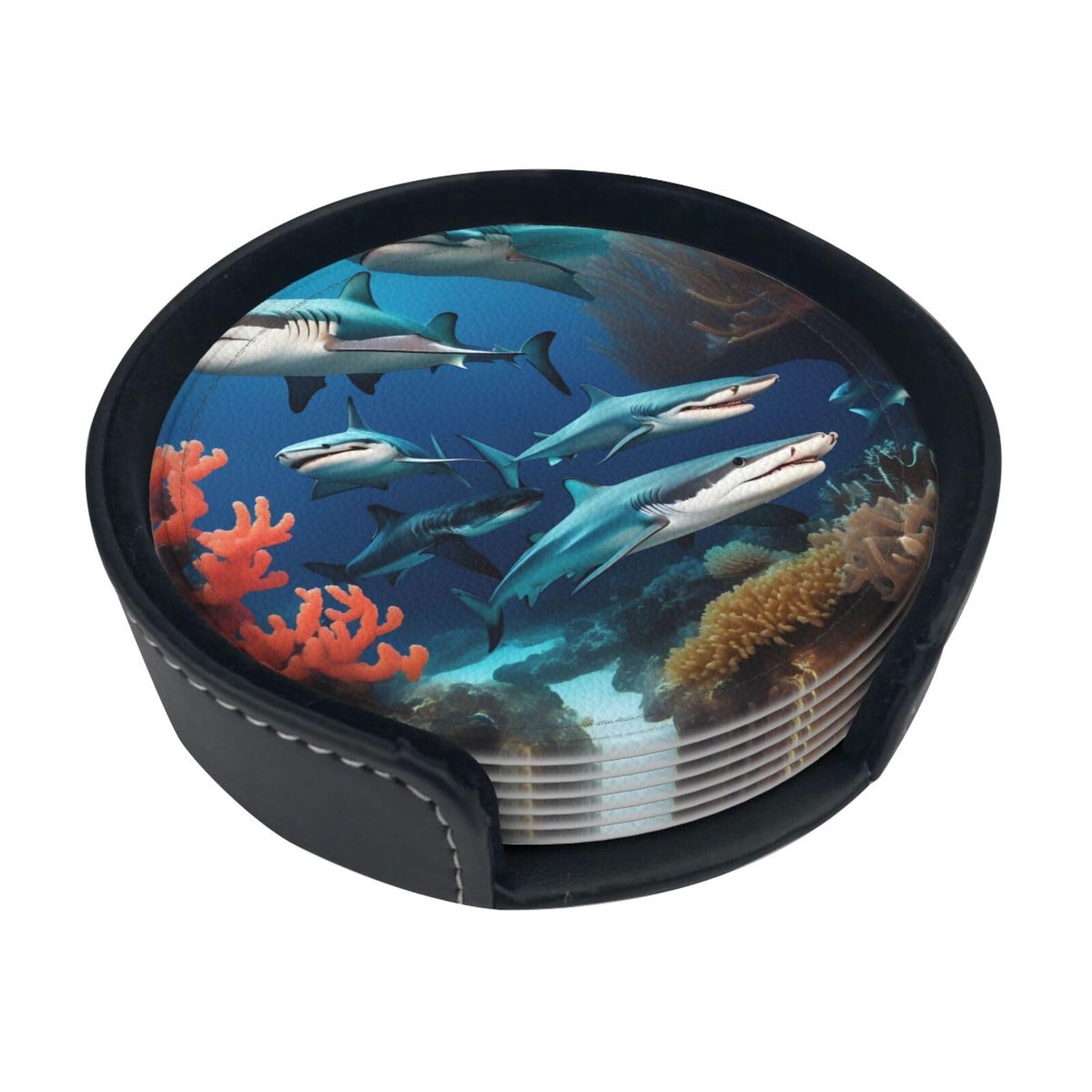 Cntdbu White Submarine Shark Coral Leather Coasters Set Of 6-Pu Leather Drink Mats For Table, Heat Resistant Round Coasters With Holder