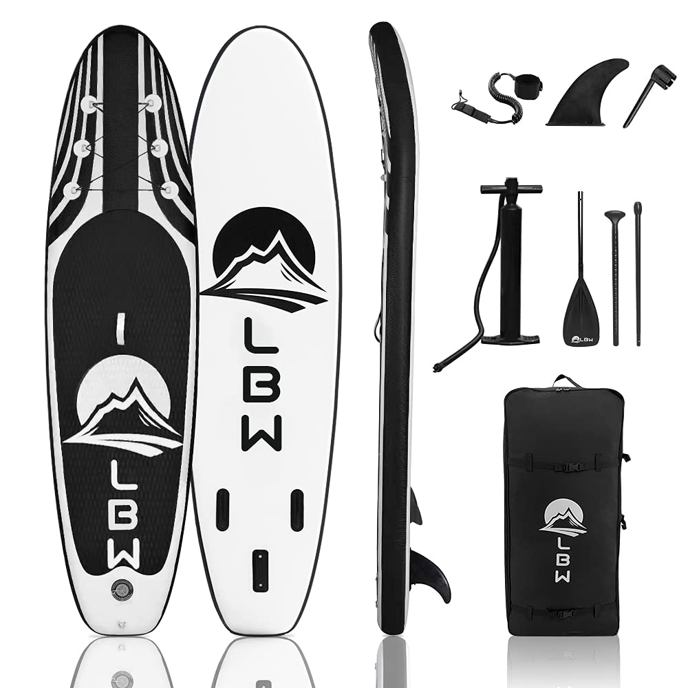 LBW Stand Up Paddle Board Inflatable - SUP Board with Adjustable Paddle, Non Slip Deck, Bottom Fins, Hand Pump, Large Backpack - Ultra Light Stable Paddleboard for Youth Adults