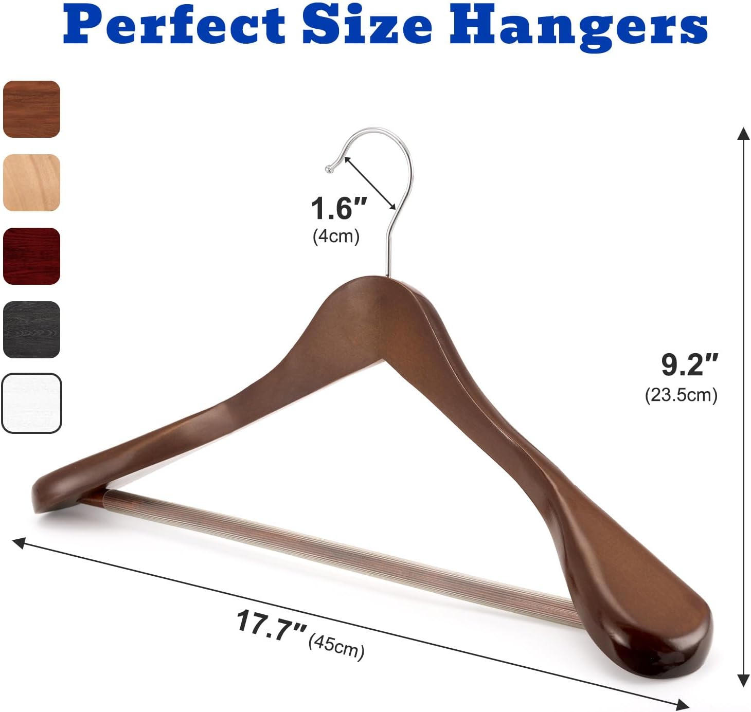 HOUSE DAY Wide Shoulder Wooden Hangers, Suit Hangers with Non Slip Pants Bar, Smooth Finish 360° Swivel Hook Solid Wood Coat Hangers for Dress, Jacket, Pants, Heavy Clothes Hangers 6 Pack (Walnut) - Image 9