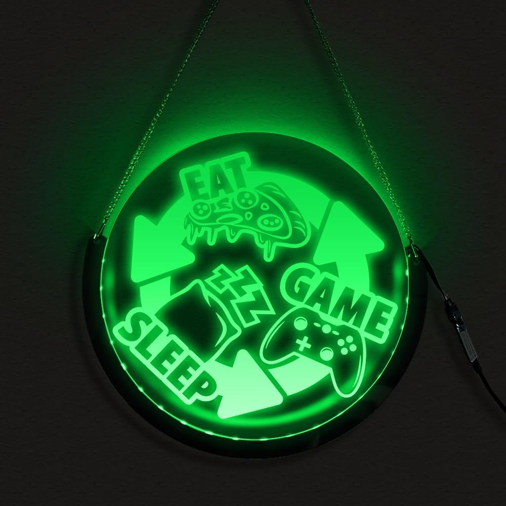 The Geeky Days Eat Sleep Game LED Multi Color Light Round Hanging Sign Gaming Time Gamepad Electric Display Sign Lighting Decor Gift for Gamers