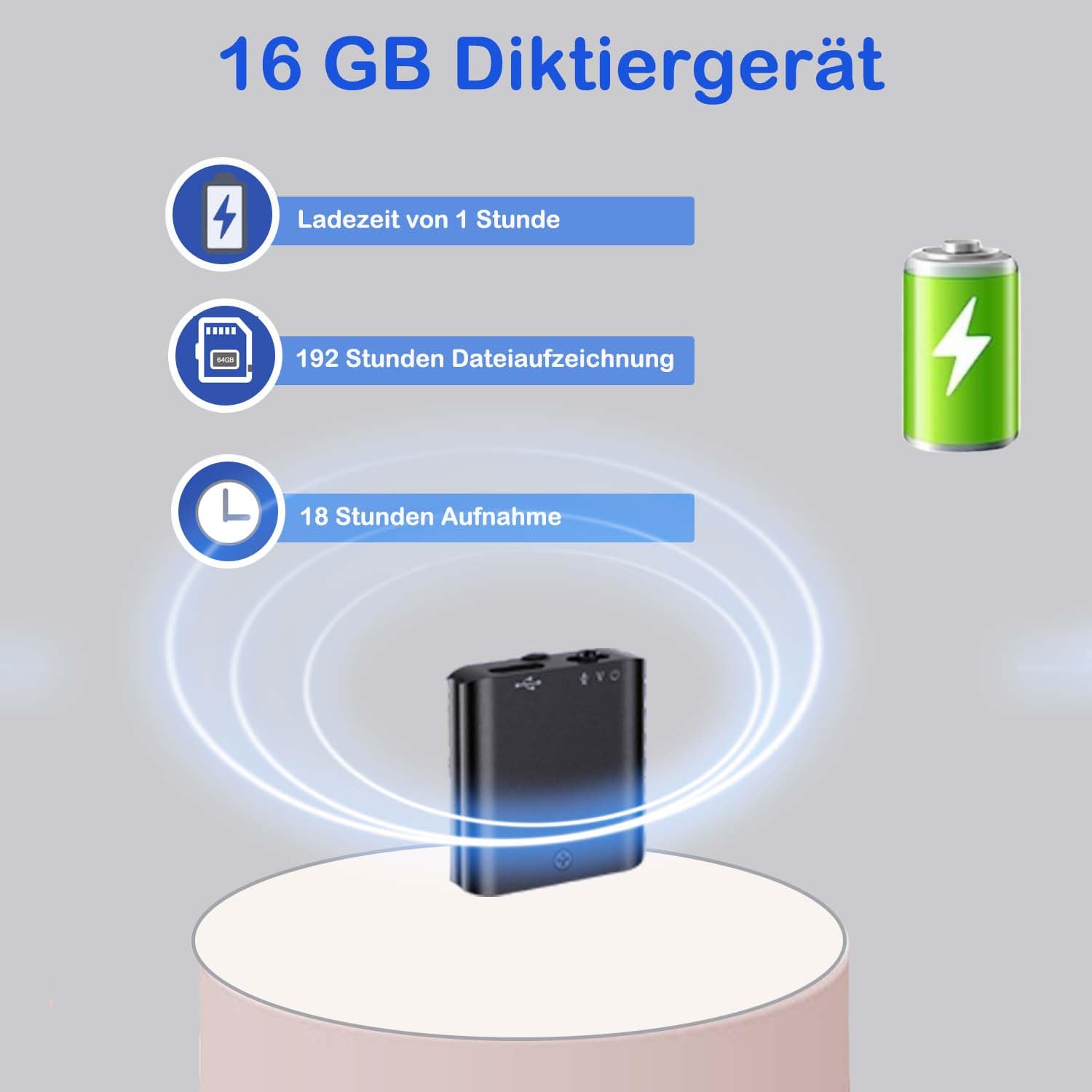 16GB Diktiergerät, Mini Aufnahmegerät mit Magnet und Sprachaktivierung, WiederaufladbaresAufnahmegerät USB für Besprechungen, Interviews, Vorträge