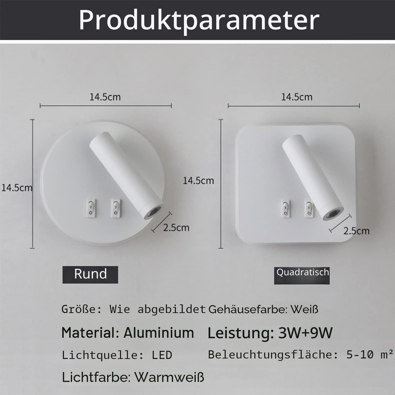 LED-Wandleuchte, Nachttisch-Lesewandleuchte, 12W LED Wand-Leselampen, verstellbarer Strahler （3W +9W 3000K Warmes Licht） schwarz (Rund weiß 2PCS)