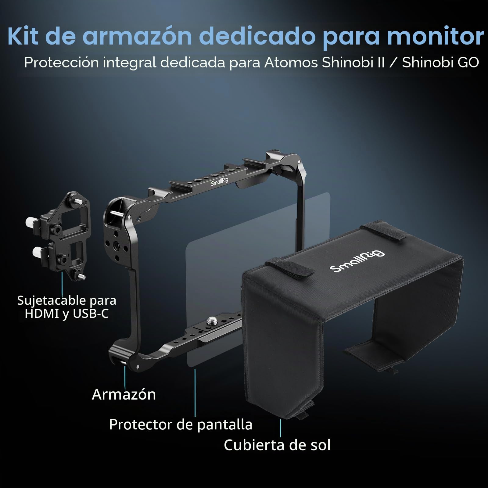 SMALLRIG Kit de Carcasa para Monitor para Atomos Shinobi II, con Parasol y Protector de Pantalla, Peso de Solo 96,3 g, con Orificios Roscados de 1/4"-20-5030