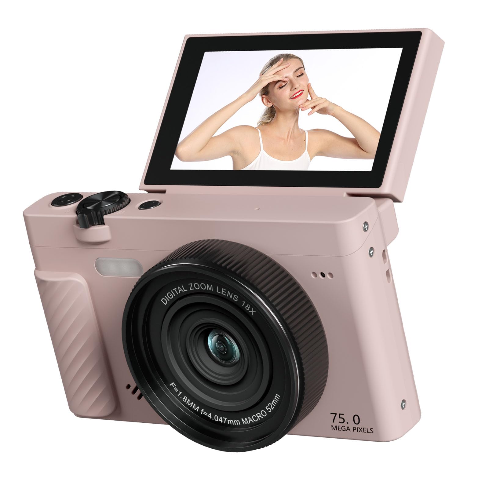 Fabater Fotocamera Digitale, Fotocamera Mirrorless WiFi 4K 75MP con Schermo Flip da 3 Pollici e Zoom 18X, Fotocamere da Viaggio Compatte per Ritratti Paesaggistici e Vlogging di (PINK)