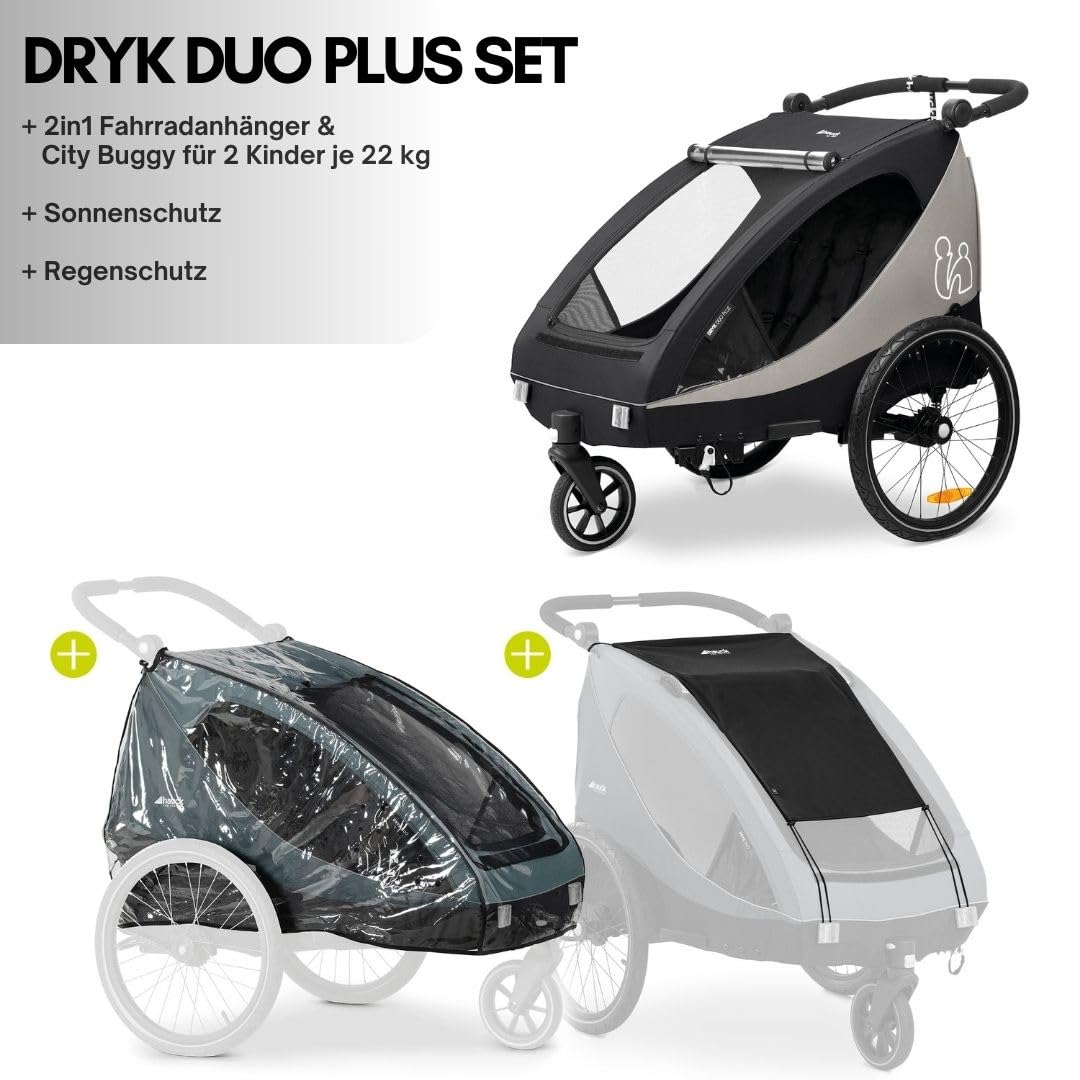 Hauck Dryk Duo Plus - Remolque de bicicleta y cochecito para 2 niños (6-48 meses), incluye protección contra la lluvia, toldo, barra de remolque, rueda de buggy, bandera y luz LED, color negro