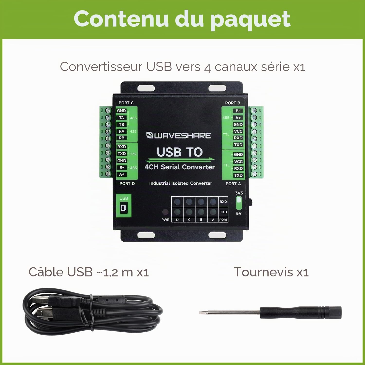 Waveshare Industrial USB to 4-Ch Serial Converter, Original FT4232HL Chip, Supports USB to RS232/485/422/TTL, Multiple Devices Applicable, Multi-OS Compatible