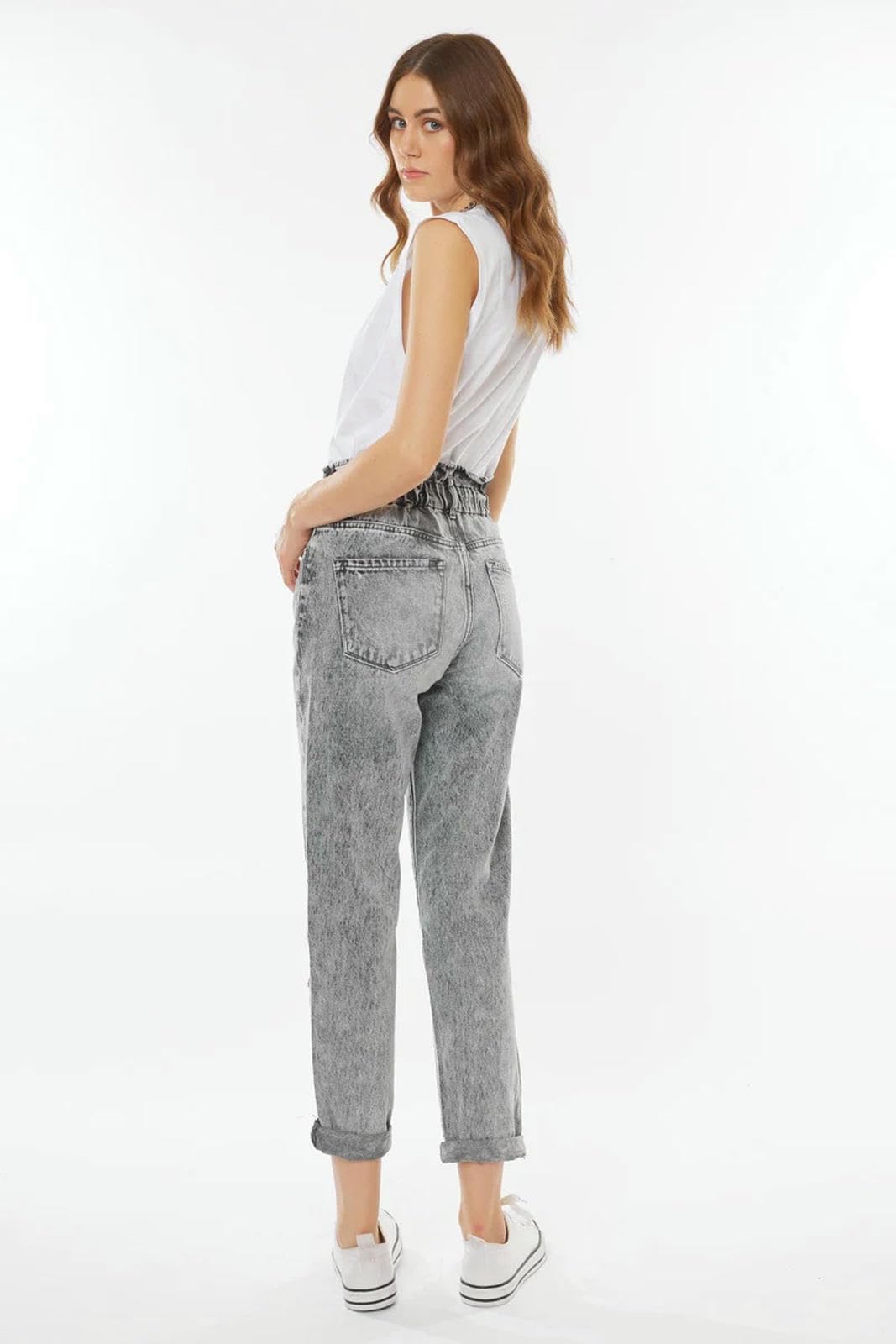 Jeans Donna Alta Vita Gamba Dritta Strappato Afflitti Pantaloni in Denim-Grigio-s
