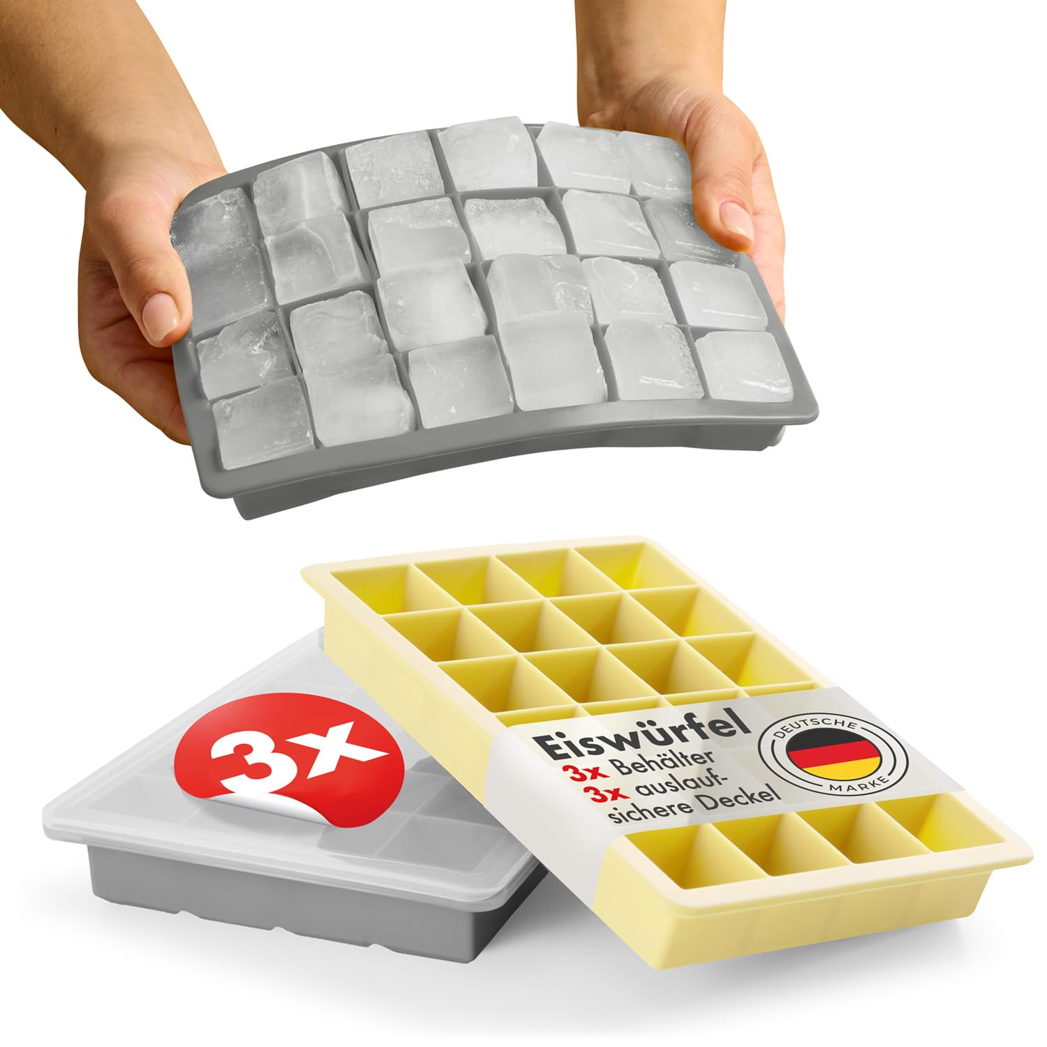 Blumtal Eiswürfelformen Silikon 3er Set - 24er Eiswürfelform mit Deckel - BPA-freie Silikon Eiswürfelform - Ice Cube Tray lebensmittelecht - Ice Tray - Grau + Grau + Gelb