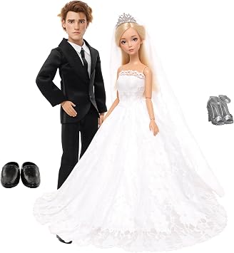 4 Pack Doll Wedding Set 1 White Bride Wedding with Veil for 11.5 Inch Girl Dolls 1 Black Groom Suit Clothes for 12 Inch Boy Doll 2 Pairs of Shoes for Dolls