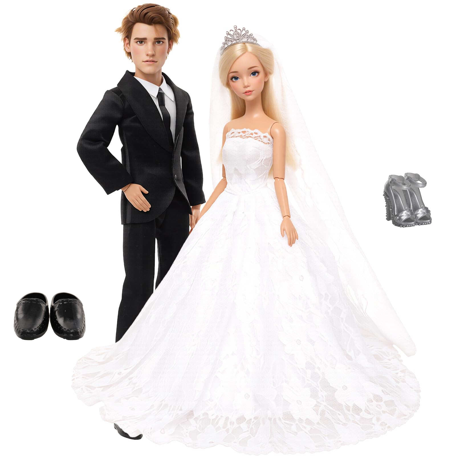 4 Pack Doll Wedding Set 1 White Bride Wedding with Veil for 11.5 Inch Girl Dolls 1 Black Groom Suit Clothes for 12 Inch Boy Doll 2 Pairs of Shoes for Dolls