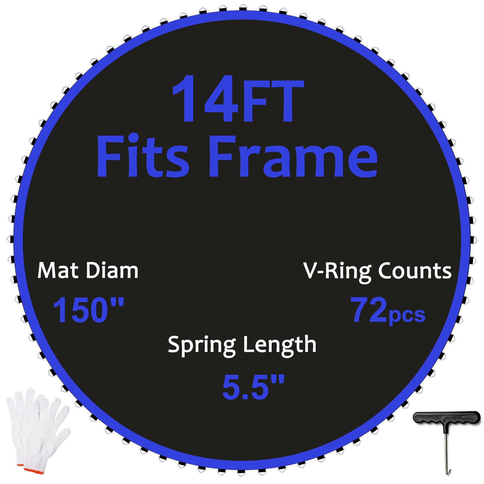 Photo 1 of Trampoline Replacement Mat Fits 14 FT Round Frame with 72 V-Rings, 150" Jumping Mat for 5.5" Springs, Heavy Duty PP Mesh with 8-Row Blue Stitching, Pull Tool Included