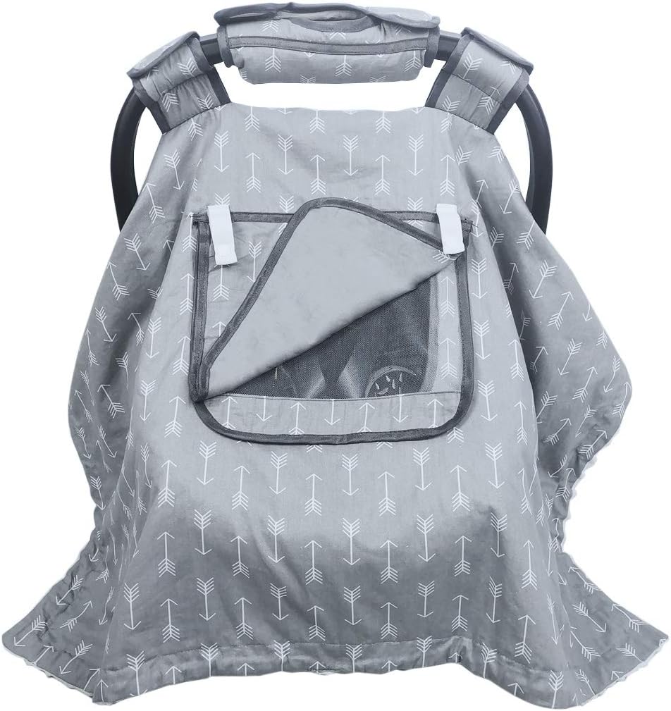 Car Seat Covers for Babies boy Girl, Carseat Canopy for Newborn Carrier, 2 Layers Windows of mesh/Fabric, No Shifting on Carrier Handle, Cotton and Fleece, Handle Cushion, Grey