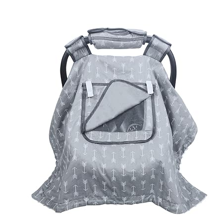 Car Seat Covers for Babies boy Girl, Carseat Canopy for Newborn Carrier, 2 Layers Windows of mesh/Fabric, No Shifting on Carrier Handle, Cotton and Fleece, Handle Cushion, Grey