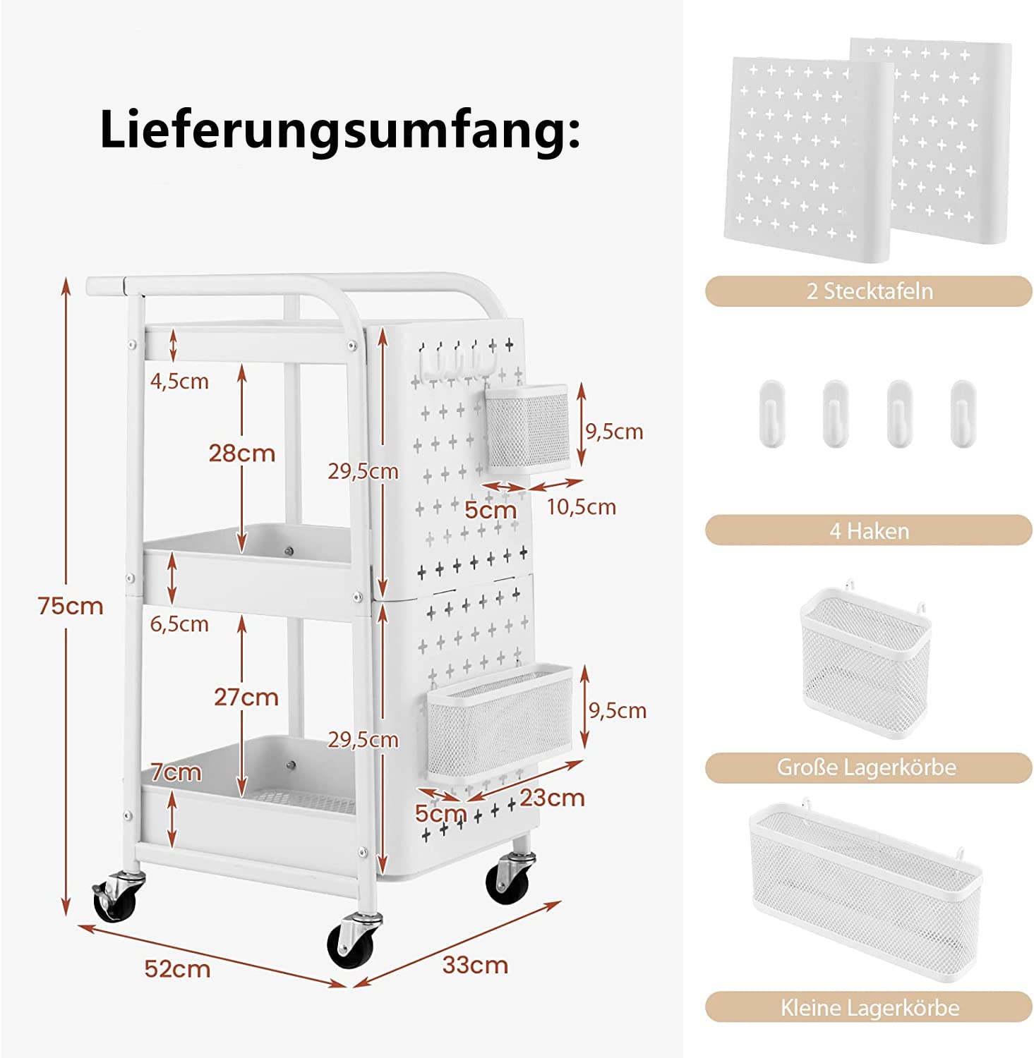 COSTWAY Rollwagen 3 Etagen, Küchenwagen mit 2 Stecktafeln, Metall Mehrzweckwagen auf Rollen, Küchenrollwagen mit 4 Haken & 2 Körben & Griff, Servierwagen für Küche, Aufbewahrungswagen (Weiß)