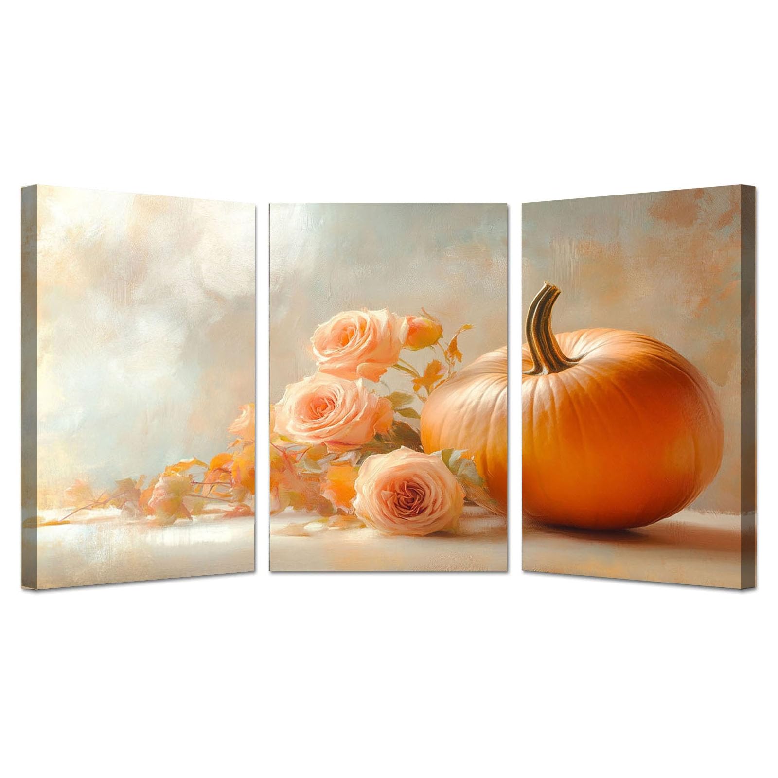 TODOAA Set of 3 Abstract Wall Art Home Decor Beautiful Flower Pumpkin Vintage Botanical Prints, Rustic Farmhouse Wall Decor, Pictures for Living Room Bedroom(Orange)-50x70cmx3 Framed