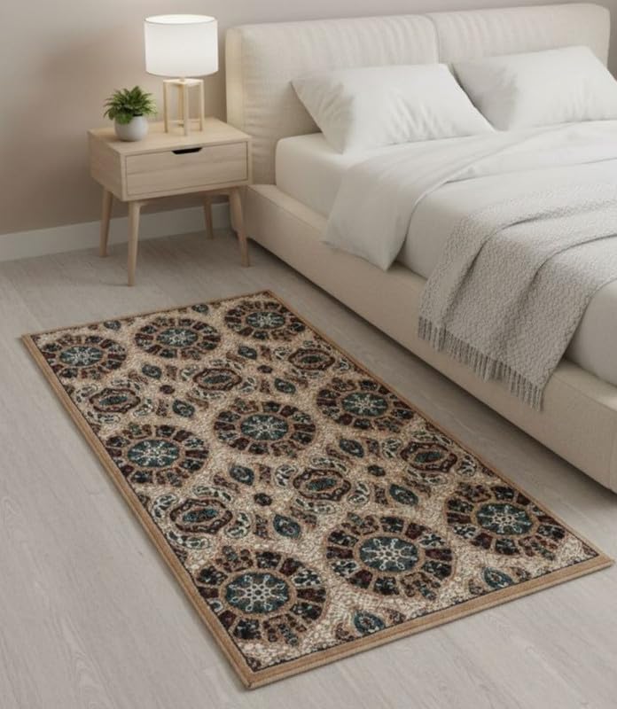 Image of Premium Runner Carpet, Vintage Medallion Pattern, Non Slip, Thick, Ideal for Bedroom, Living Room & Entryway, 3x5 Feet Beige Multi Color