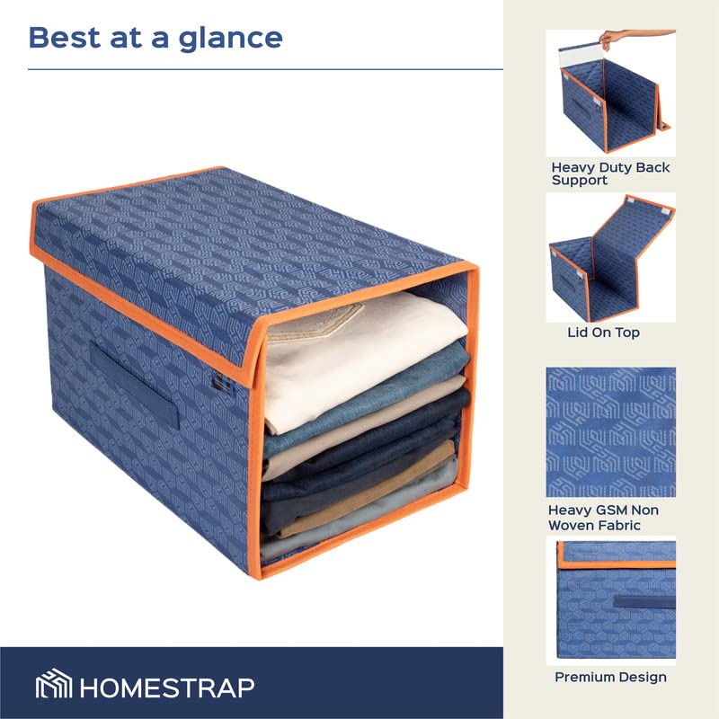 HomeStrap Set of 6 Printed Shirt Stacker Foldable Storage Organizer with Lid for Wardrobe | Almirah (Navy Blue with orange border) 1