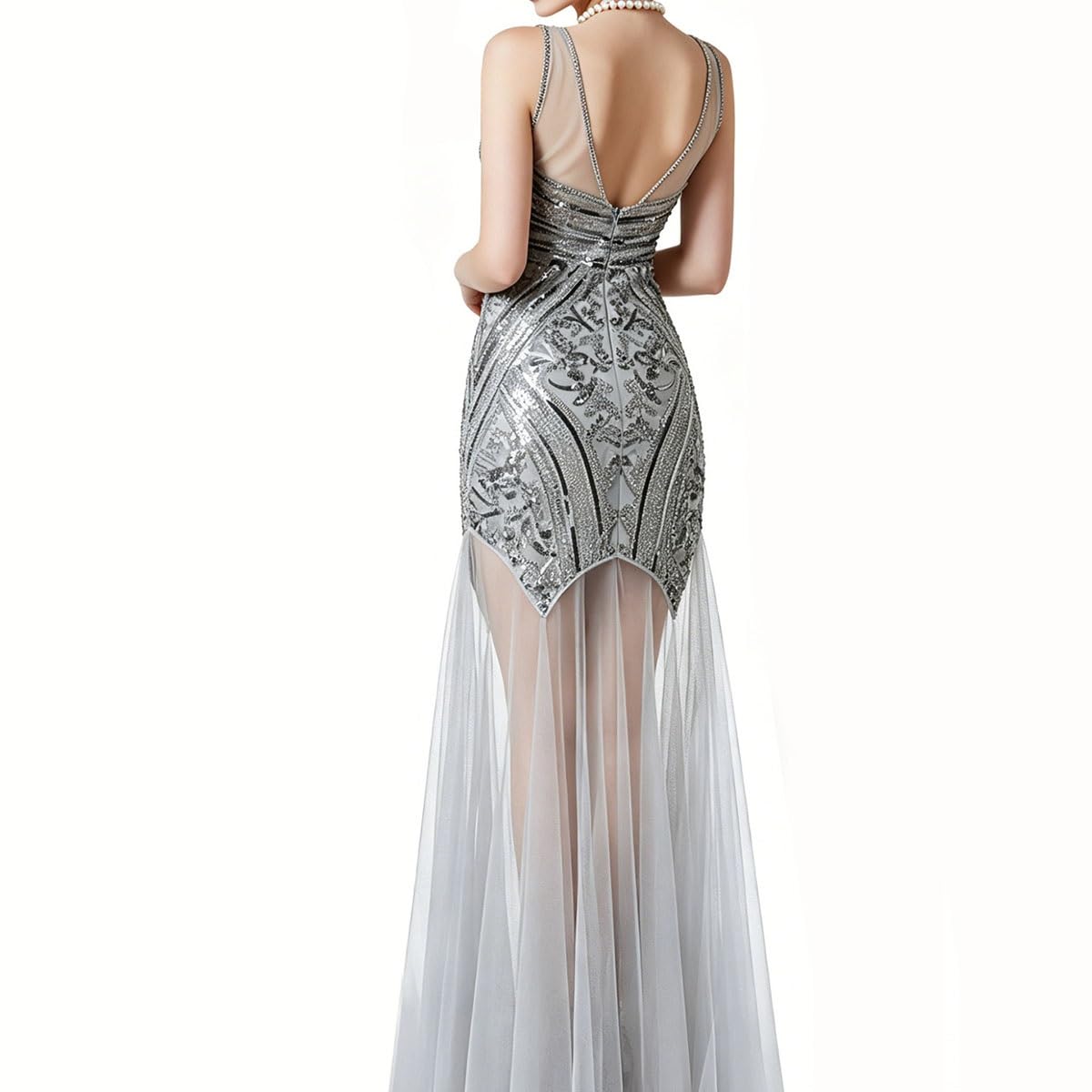 Maxi Abito con Paillettes da Donna, Abito da Sera Vintage in Rete Senza Maniche, Abito da Festa Formale Nero Lungo Fino al Pavimento