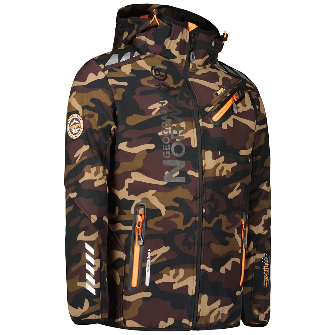 Geographical Norway ROYAUTE MEN - Giacca Softshell Impermeabile Uomo - Giubbotto Cappuccio Traspirante All'aperto - Giacca Invernale Antivento - Ideale Attività All'aperto (CAMO Kaki / Orange, M)