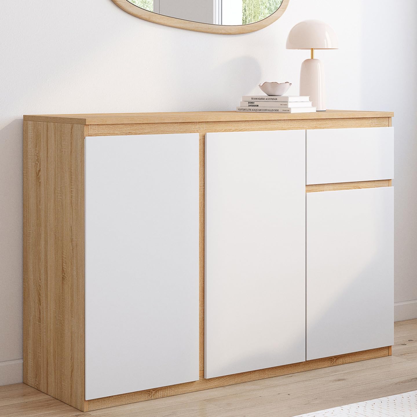IDMarket - Credenza TOMI 100 cm con 3 ante e 1 cassetto, bianco e legno