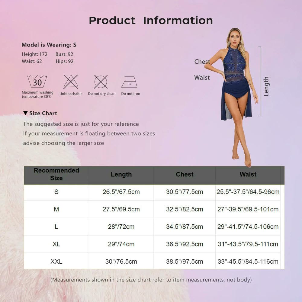 GLDFW - Vestido de danza lírica para mujer, con diamantes de imitación, malla transparente, leotardo, ballet, gimnasia, patinaje artístico, rendimiento
