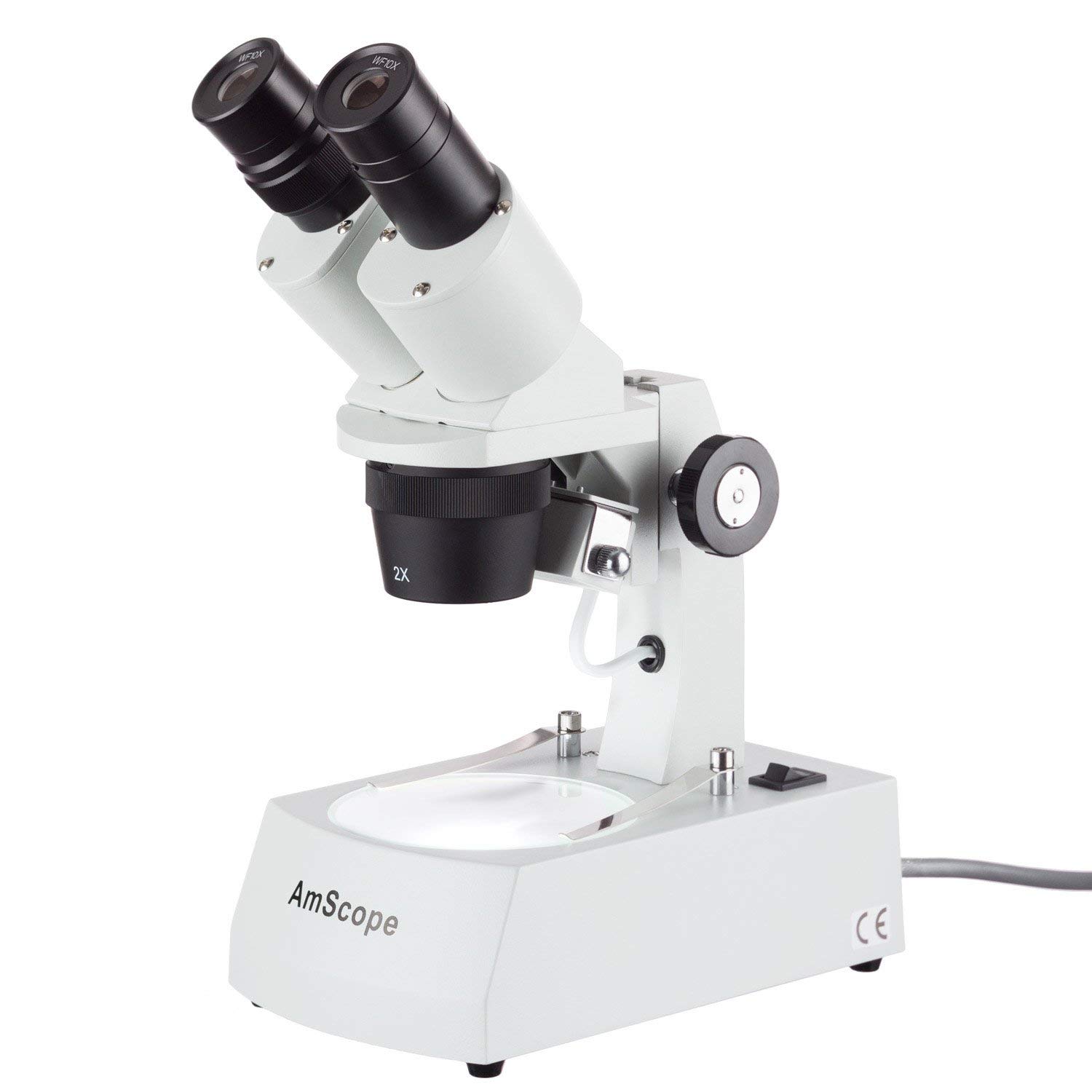 AmScope SE306R-A Forward-Mounted Binocular Stereo Microscope, WF10x Eyepieces, 20X and 40X Magnification, 2X and 4X Objectives, Upper and Lower Halogen Lighting, Reversible Black/White Stage Plate, Arm Stand, 120V