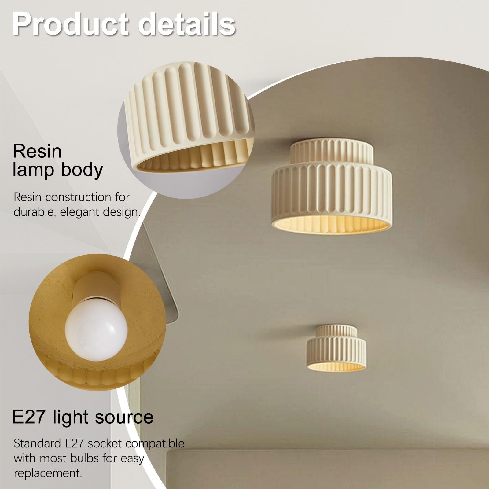Lámpara de Techo semiempotrada nórdica con Base de Resina Acanalada, Casquillo E27, luminaria Minimalista para vestíbulo, Estilo Mediados de Siglo, para pasillos Interiores (Beige)