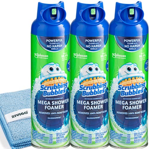 Scrubbing Bubbles Mega Shower Foamer With Ultra Cling Bathroom Cleaner 20 Ounce (Pack of 3) BONUS Microfiber cleaning cloth Scrubbing Bubbles Mega Shower Foamer With Ultra Cling Bathroom Cleaner 20 Ounce (Pack of 3) BONUS Microfiber cleaning cloth