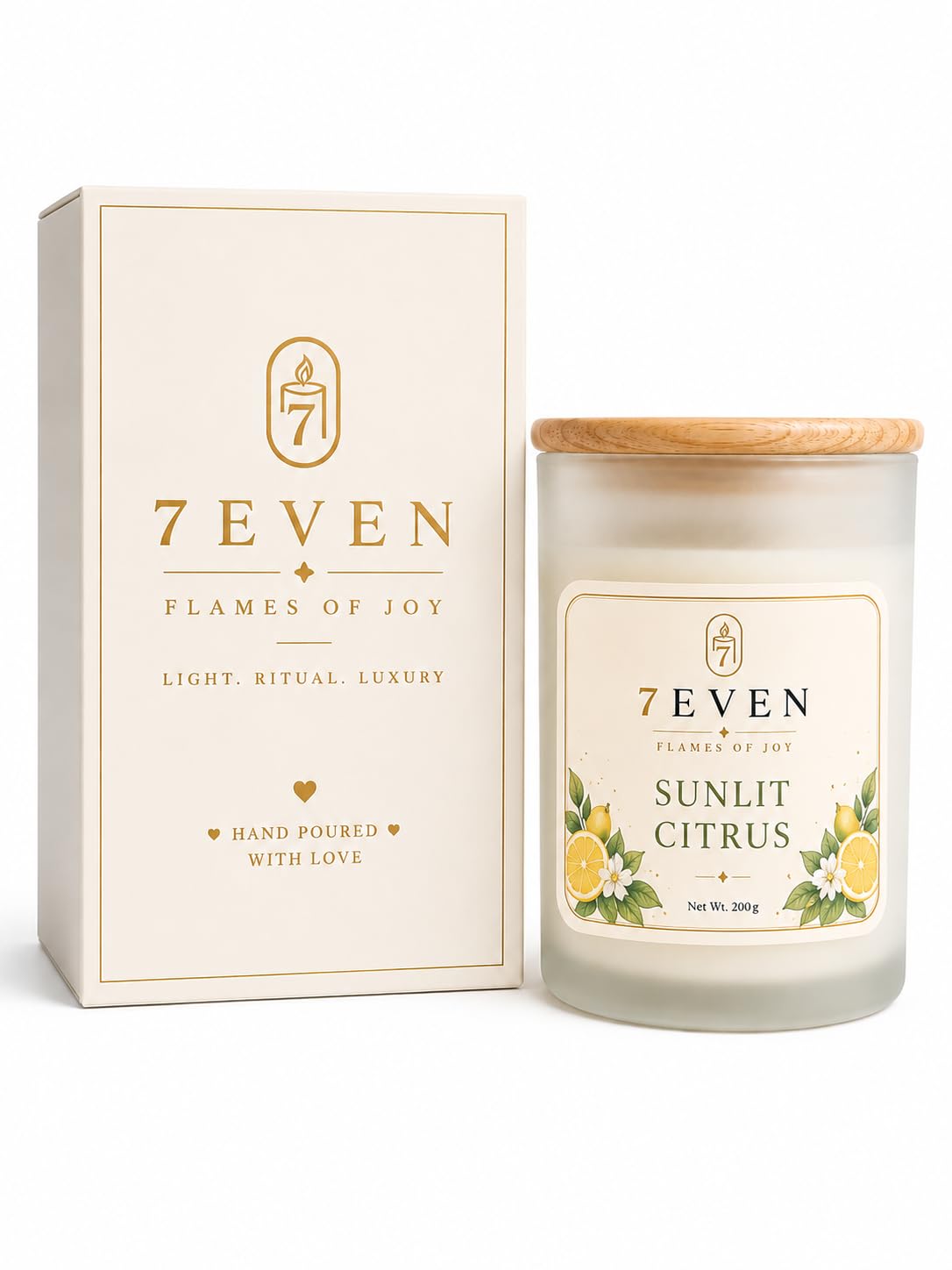 Sunlit Citrus Scented Candle, 200 g | Hand Poured, Frosted Glass Jar, Wooden Lid, Citrus Fragrance, Home Decor-image-5