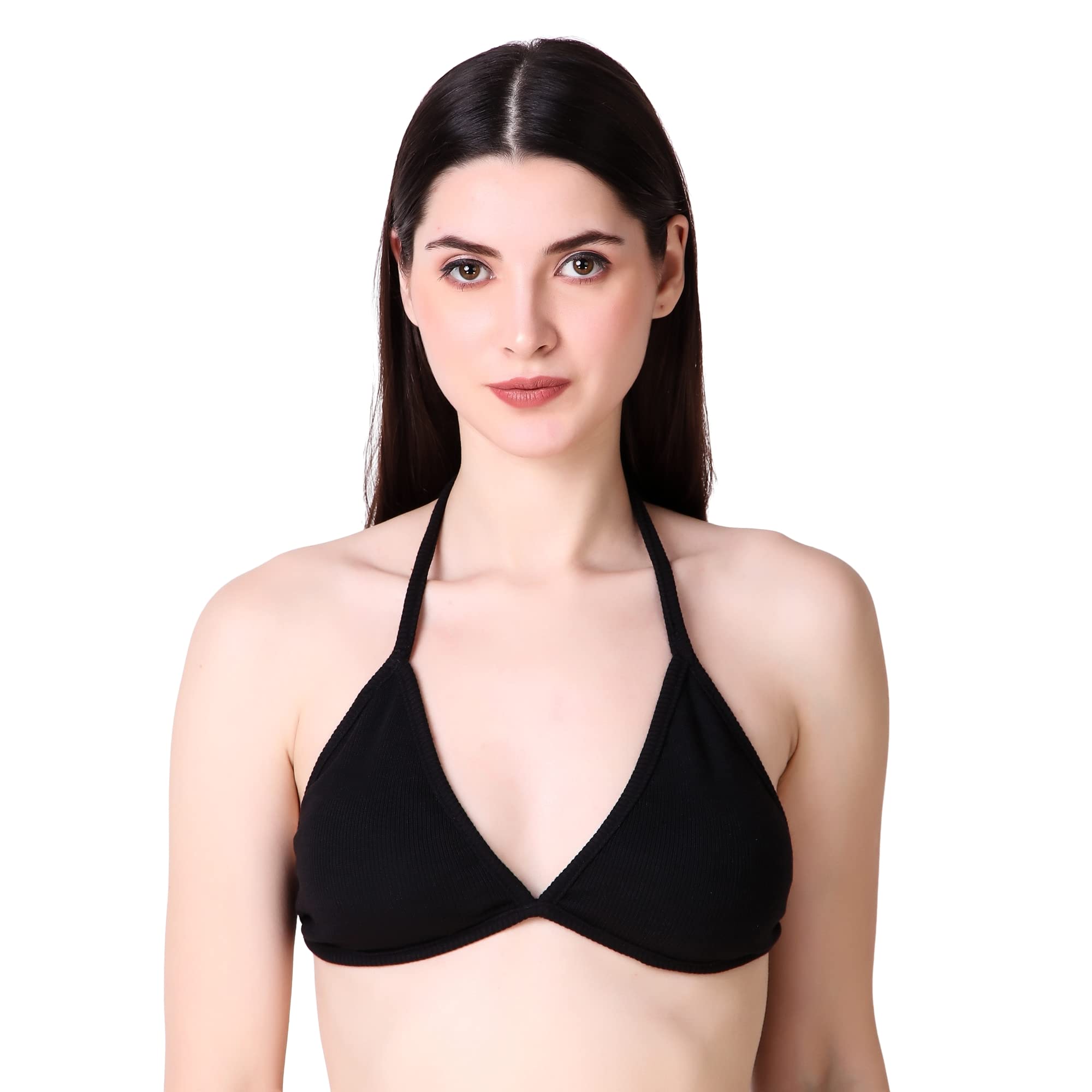 Backless Sleeveless Solid Beachwear Back Tie Up Women Trendy Top Rib Knit/Ribbed Women's Crop Cami Tank Bikini Top for Women | Beach Top (Free Size, Black)