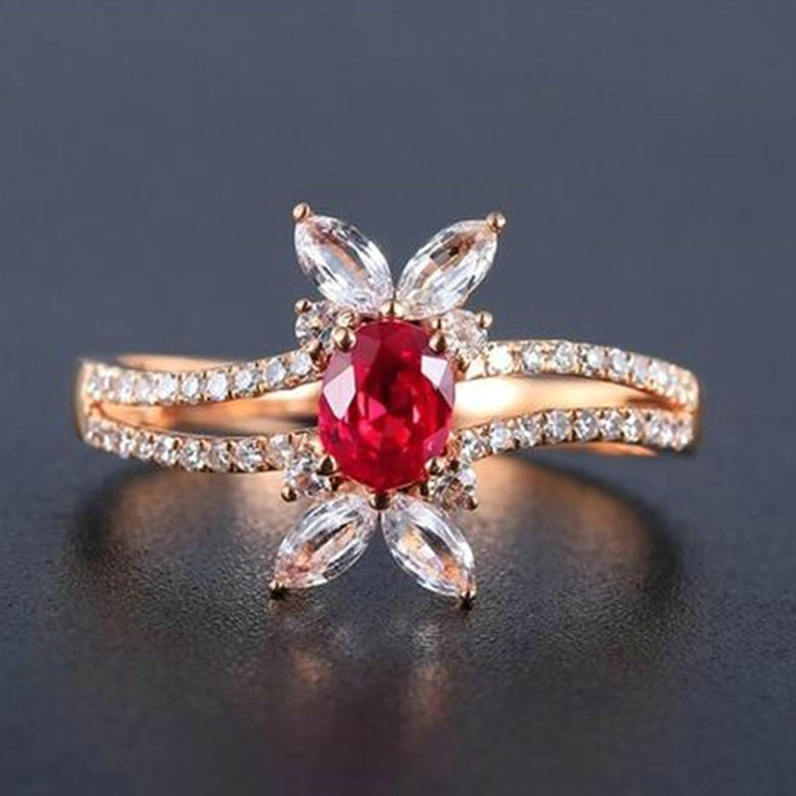 Anillos de compromiso de oro rosa de 9 quilates para mujer, anillo de boda para mujer, diseño hueco, ovalado de 4 puntas, rubí rojo creado en laboratorio de 0,57 quilates, anillo de moissanita