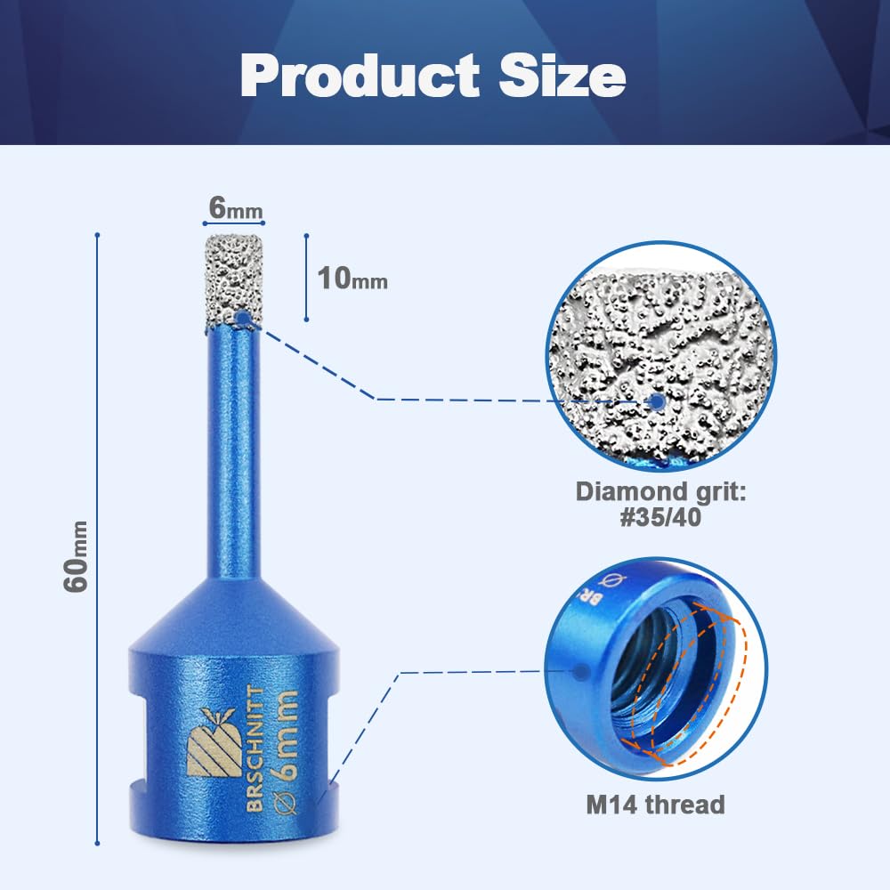 Broca M14 para azulejos de diamante, corona de 6 mm, 10 brocas de diamante M14 para porcelana, cerámica, mármol, granito, piedra