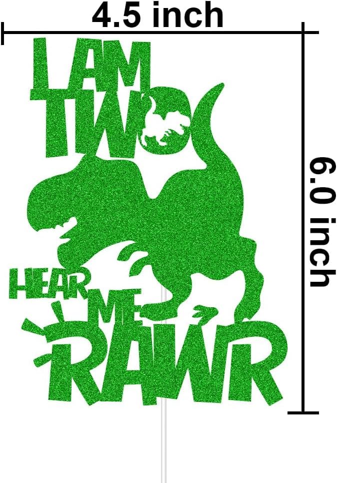 Image of I'm Two Hear Me Rawr Cake Topper | Green Glitter Cake Topper for Second Birthday | Animal Theme Happy Birthday Cake Decorations | Birthday Party Decorations | Kids Party