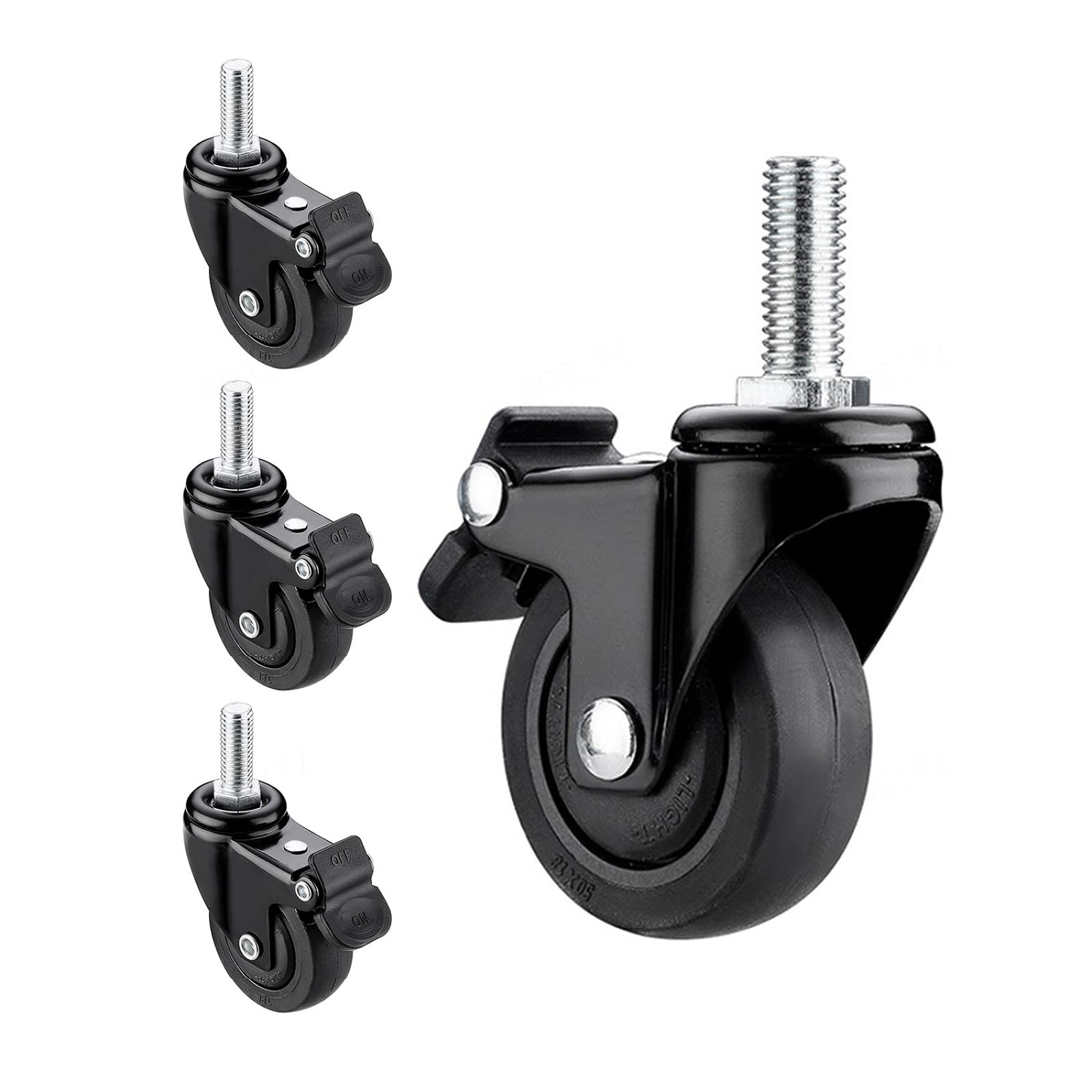 Yhbz 4Brakes Black Caster Wheels,Threaded Stem Swivel Casters,Set Of 4 Furniture Rubber Castors Wheels,Total Locking Stem Casters (Stem Diameter 6/8/10Mm),M6