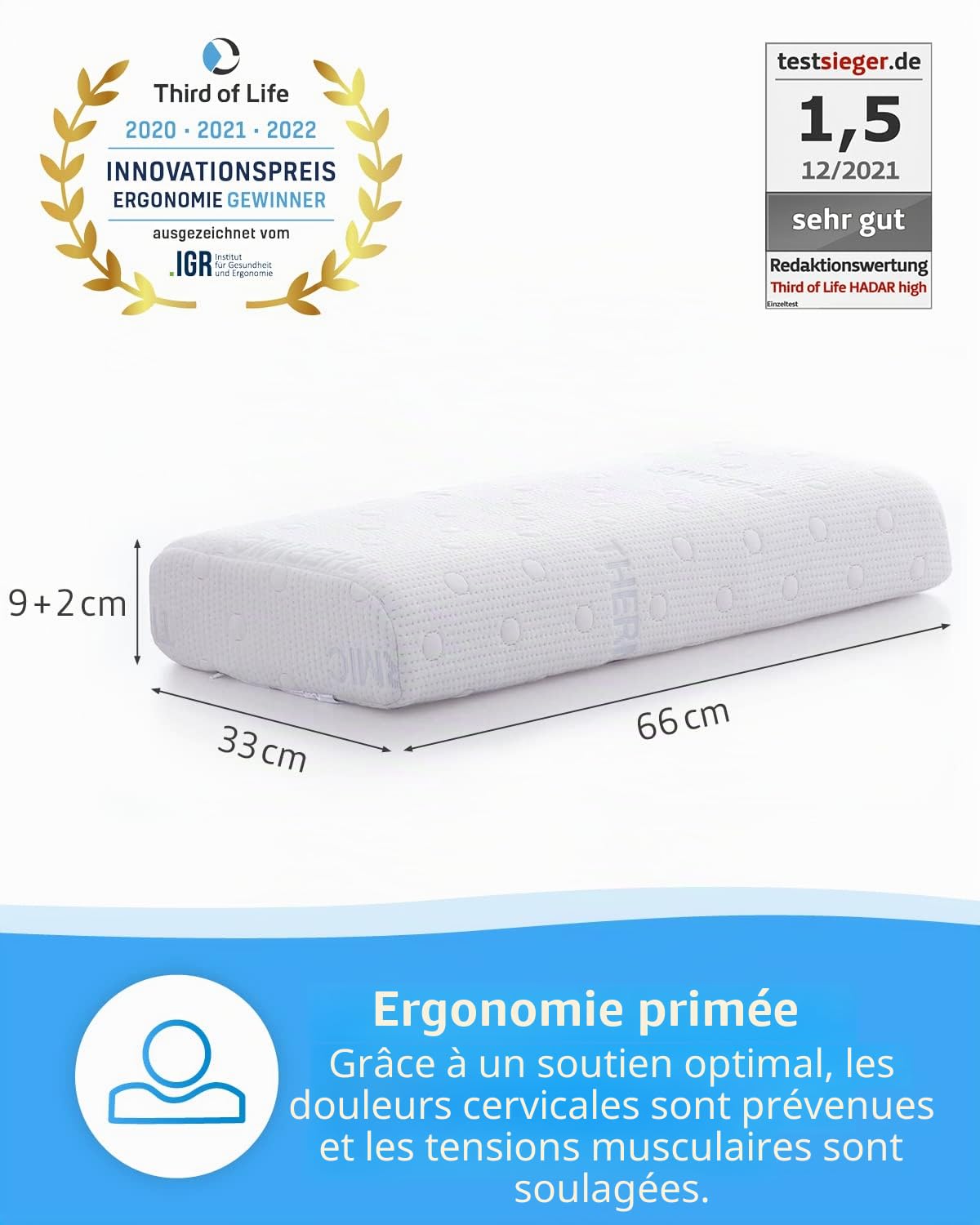 Oreiller à Mémoire de Forme HADAR | Pour Dormir sur le Dos ou sur le Côté | Coussin Ergonomique Cervical | Mousse Viscoélastique | Housse avec Thermorégulation | S'adapte aux taies 80x40cm