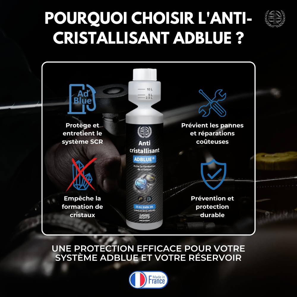 Anti-Cristallisant AdBlue Additif 250mL – Prévention Cristallisation, Protection SCR, 1 Flacon Traite 100L, Anti-Cristaux, Anti-Panne, Nettoie Injecteur – Compatible Voiture, Camion