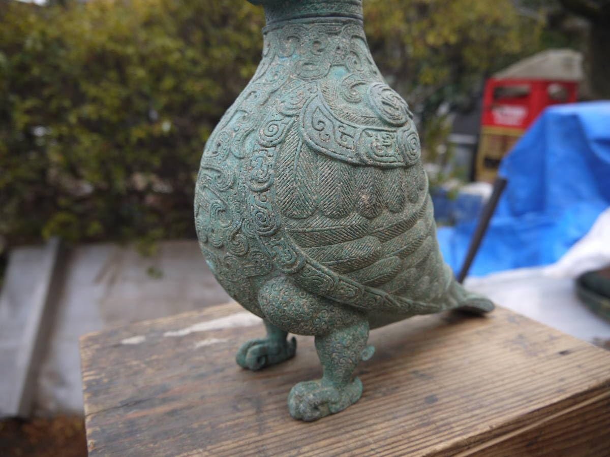 大型青銅製 金工細工 商代『婦好尊鴞』梟形の酒つぼ/オブジェ 茶道具 